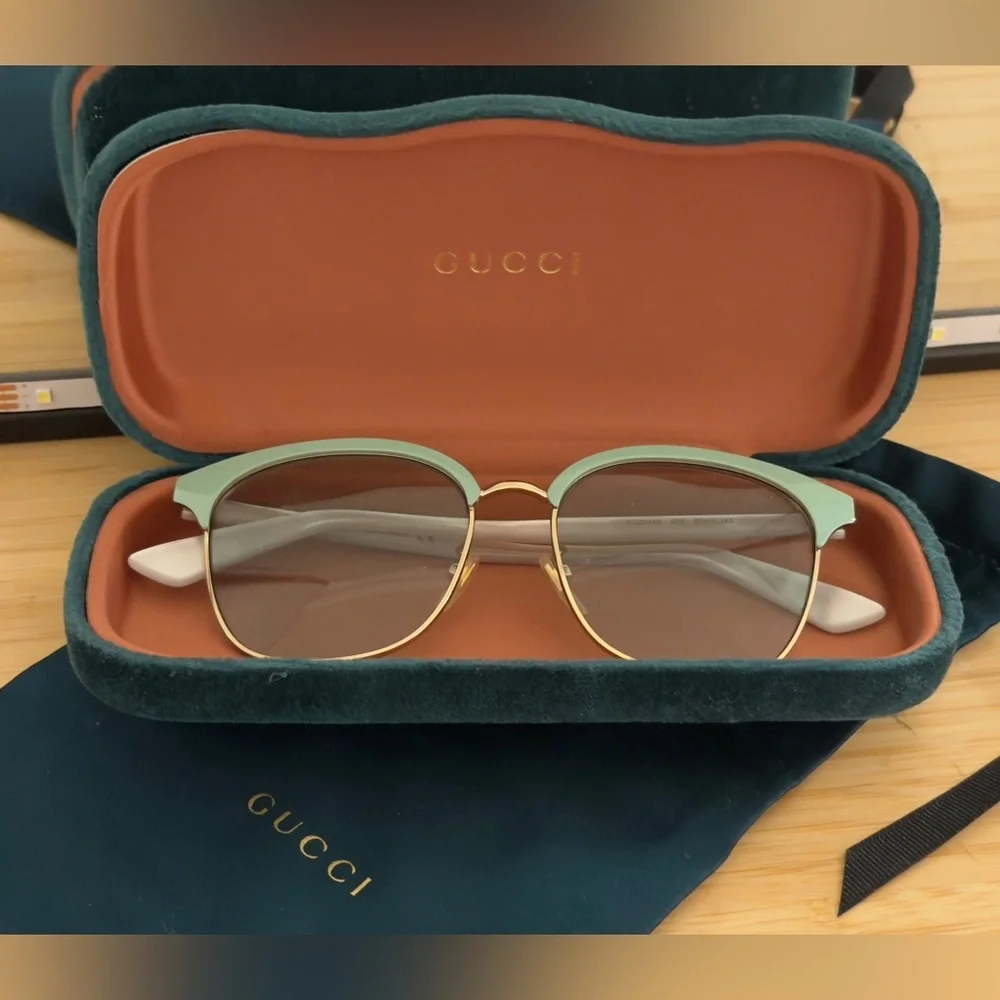 NWOT Gucci Clubmaster Sunglasses Green Gold Square Frame Designer Spring Women - Picture 1 of 7